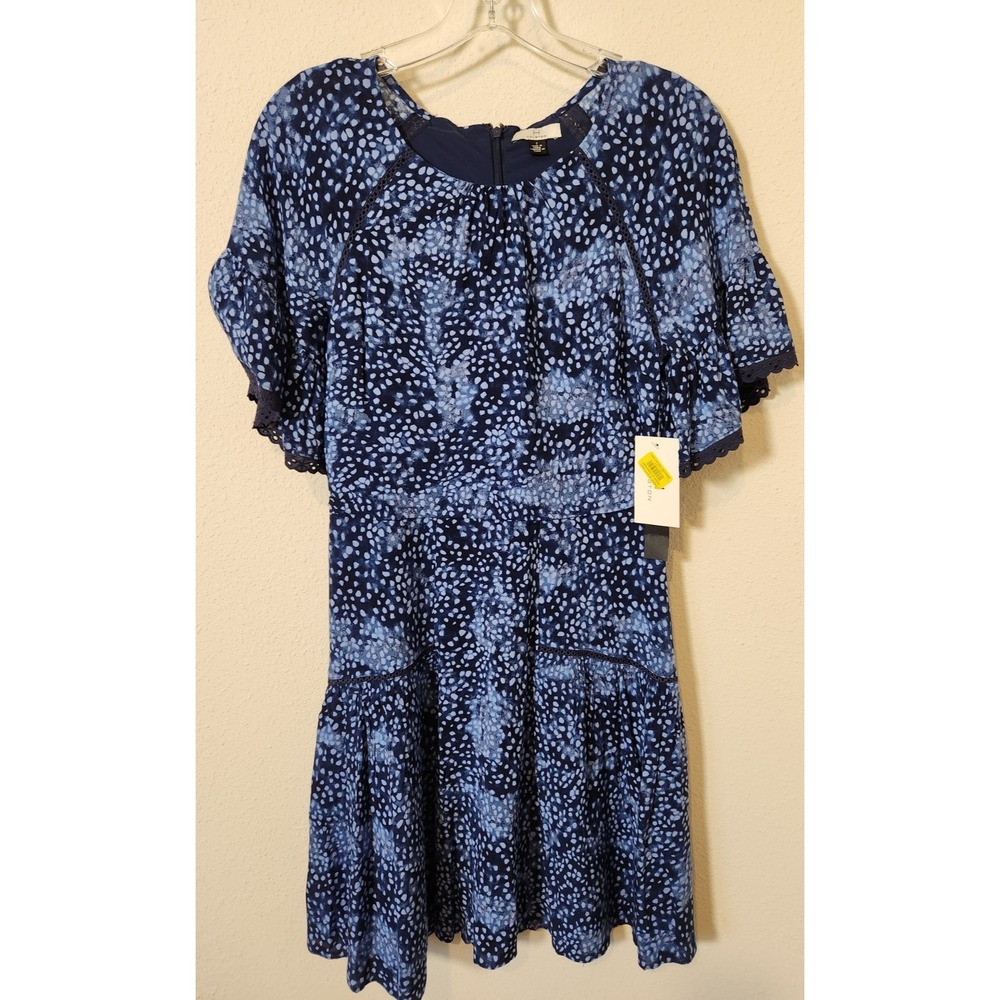 NWT Halston‎ Blue Ruffle Flutter Lace Sleeve Lined Zip Dress Prairie Coastal 2